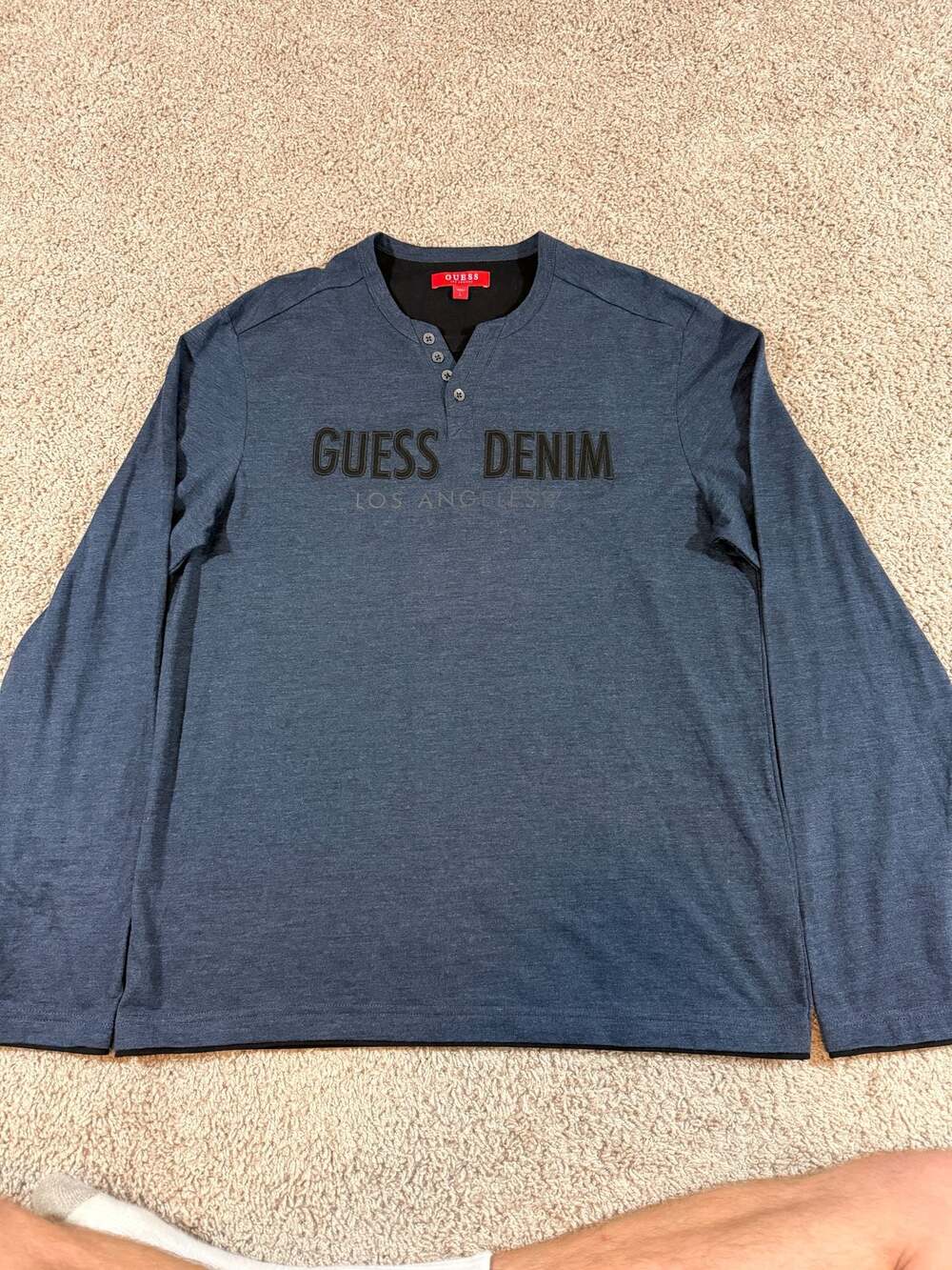 Guess Denim Los Angeles Long Sleeve Henley Shirt Blue Logo Mens Large EUC